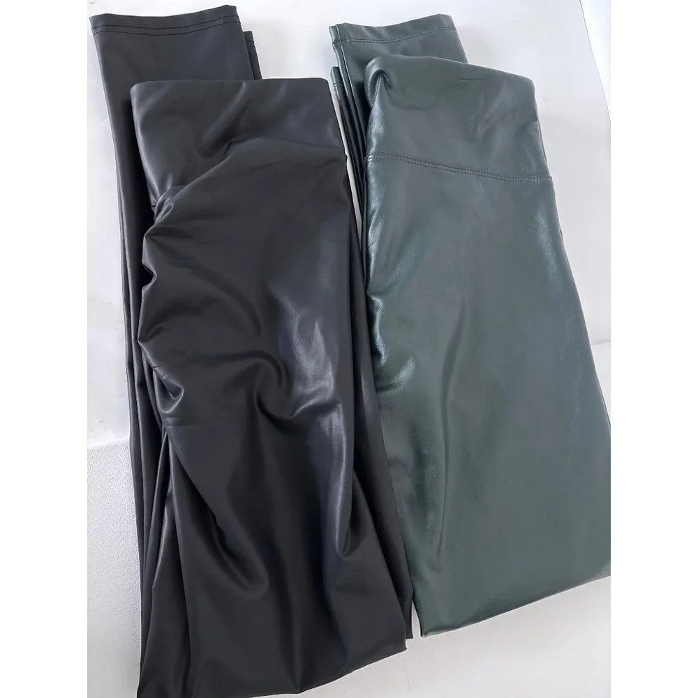 Faux Leather Leggings Bundle Sz L Black & Green Edgy Streetwear High Waist Pants - Picture 3 of 16